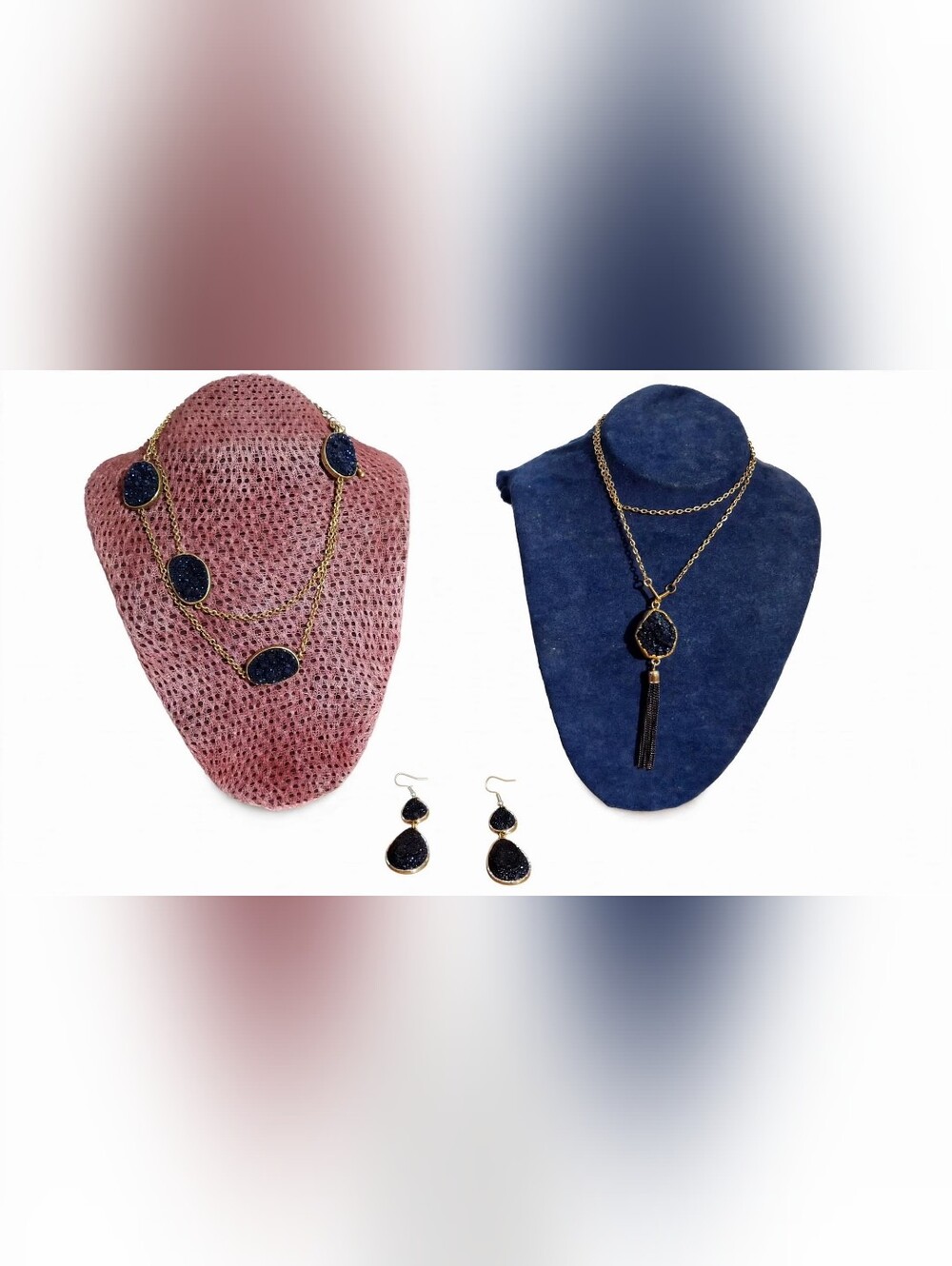 Gold Chain Black Druzy Necklace and Earring Set